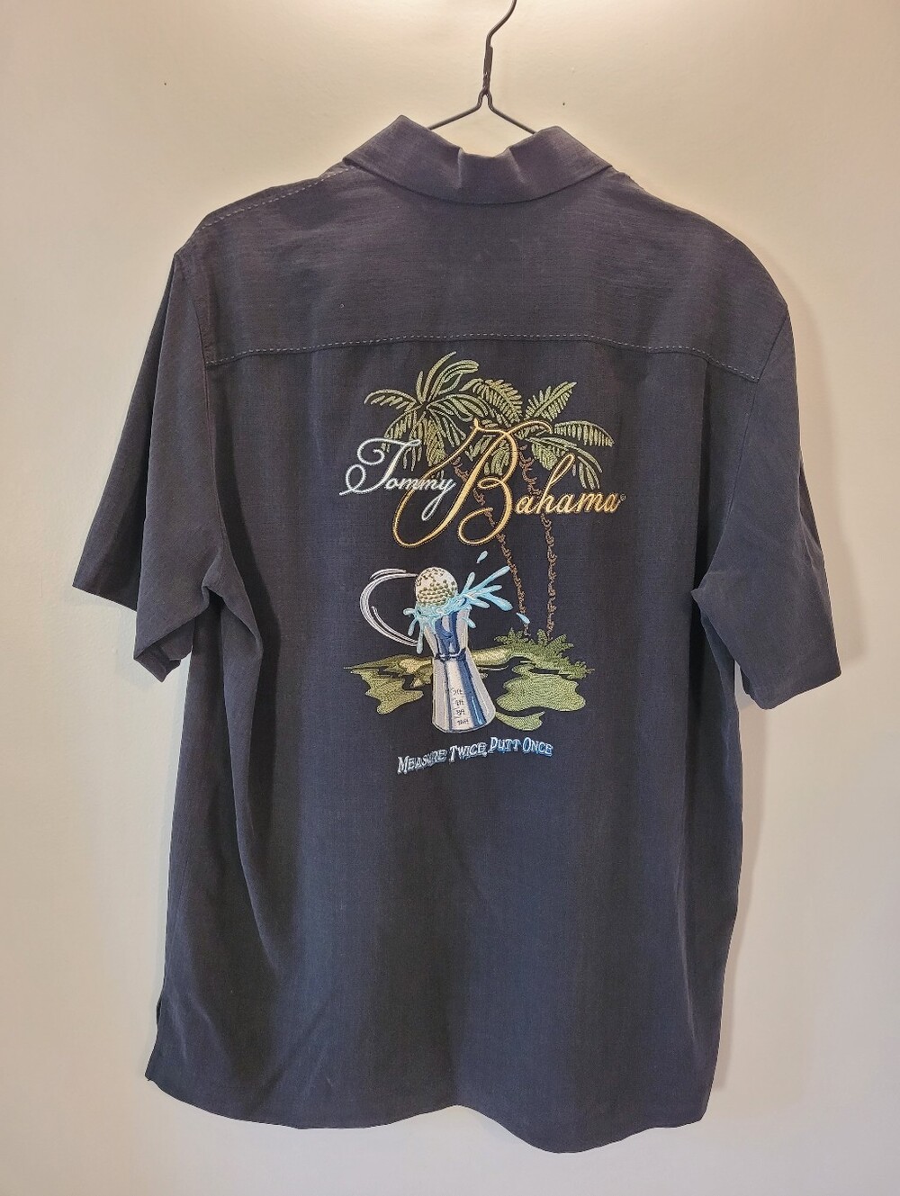 Tommy Bahama Embroidered Shirt Measure Twice Putt Once Golf Theme 100% silk - S